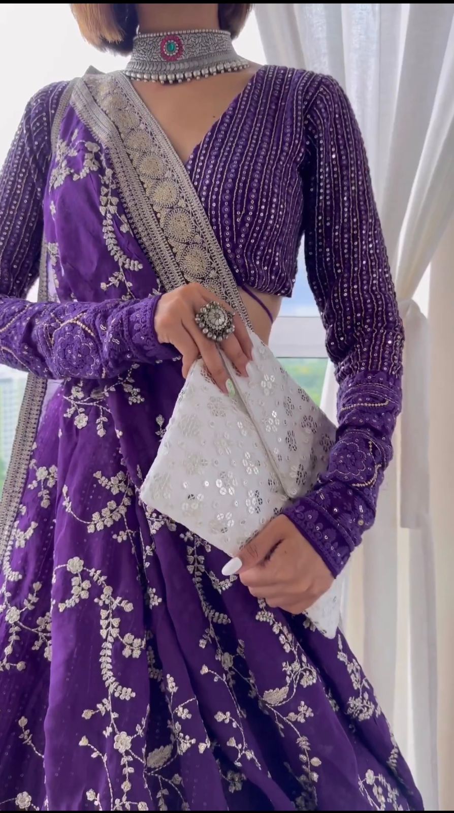 Bridal Wear Sequence Work Purple Color Lehenga Choli