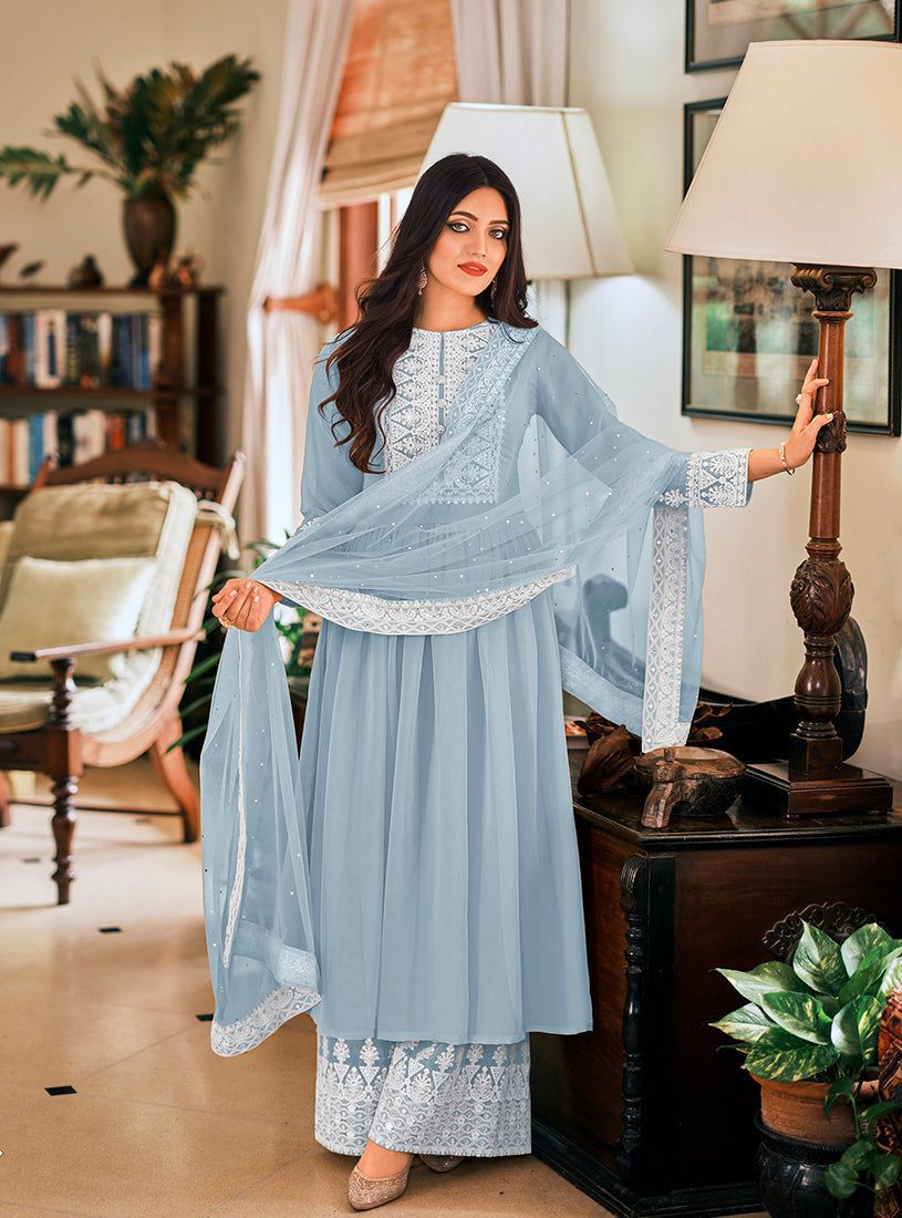 Thread Work Sky Blue Color Long Top With Palazzo