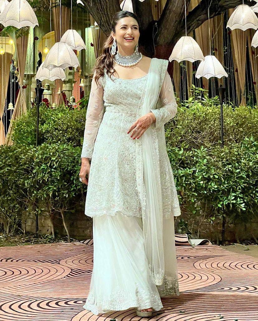 Celebrity Style Off White Color Sharara Suit