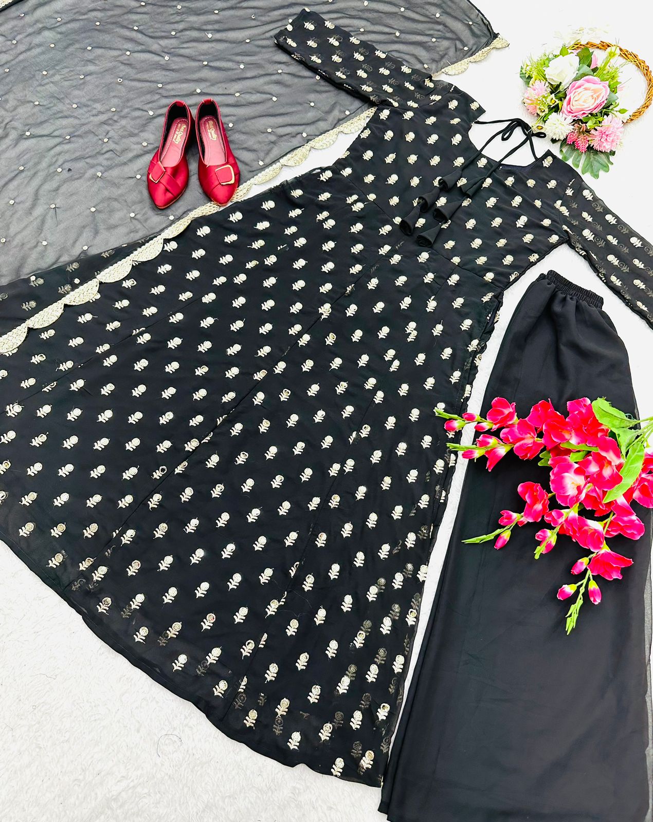 Black Color Sequence Work Naira Cut Kurti With Plazzo