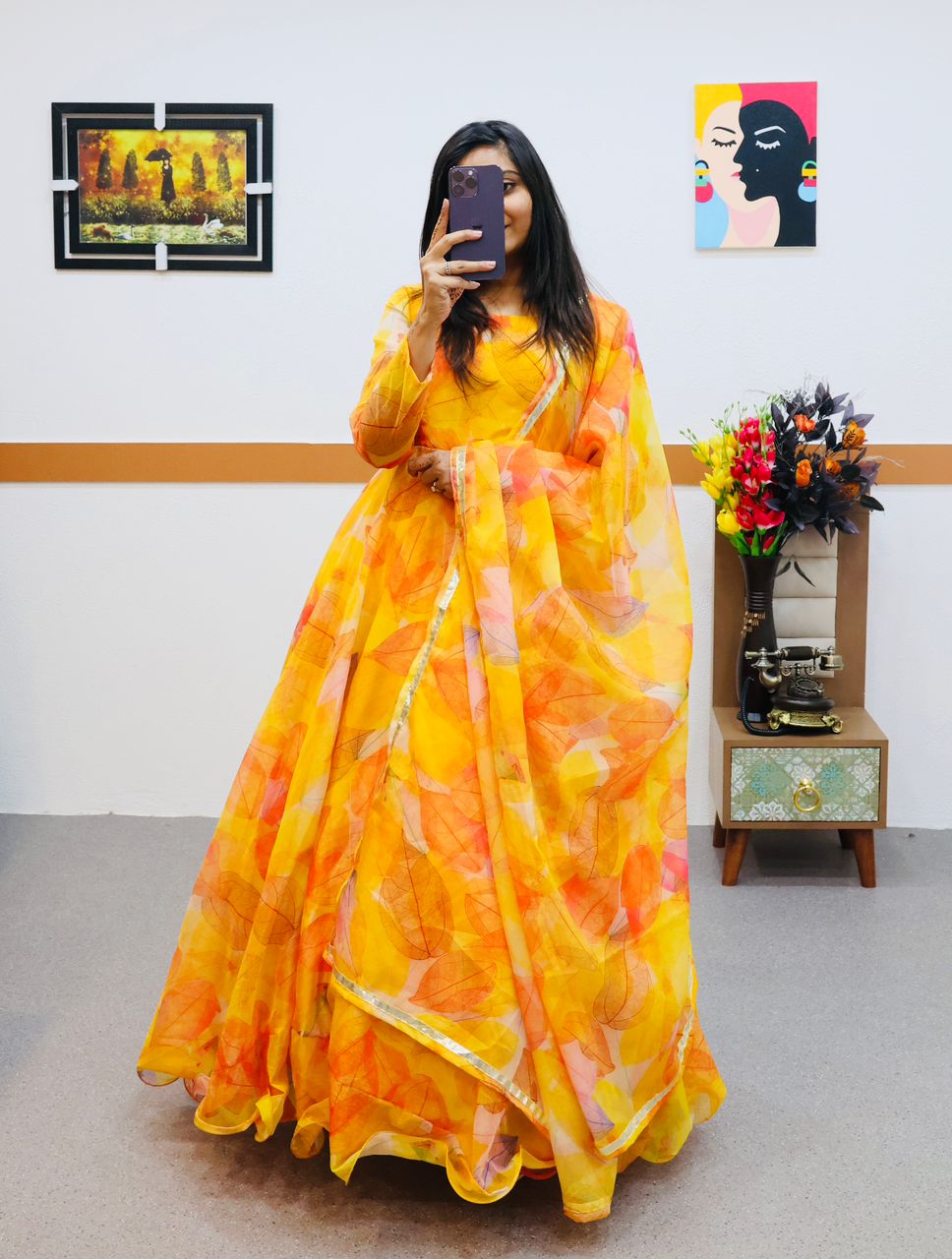 Good Looking Organza Yellow Color Printed Gown