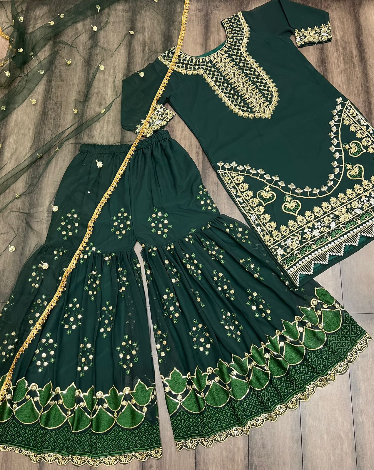 Stylish Sequence Work Dark Green Color Sharara Suit