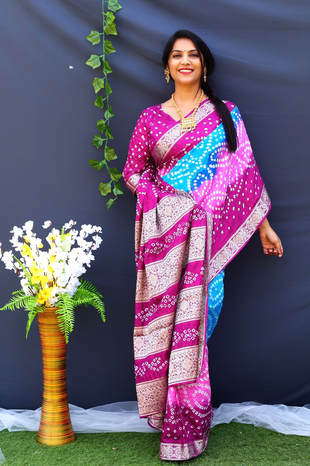 Bandhej Silk Silver Zari Weaving Border Pink Color Saree