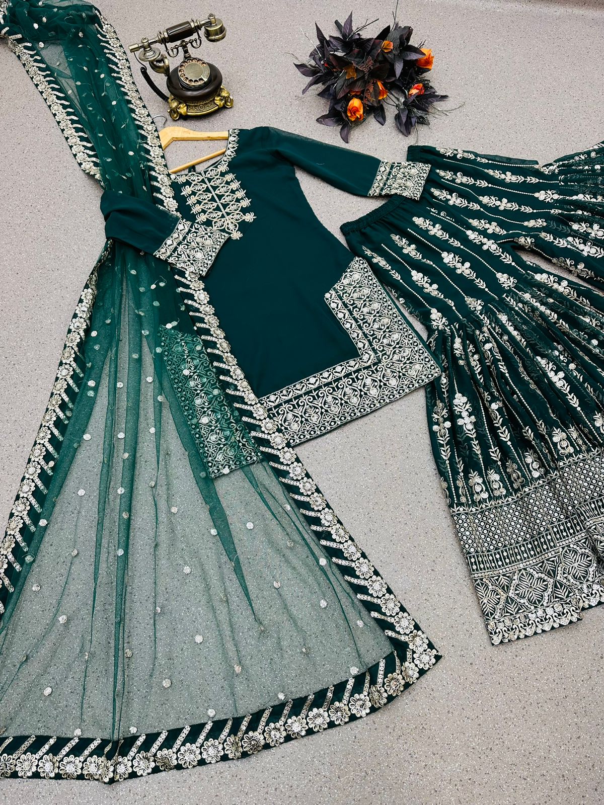 Sequence Work Dark Green Color Sharara Suit