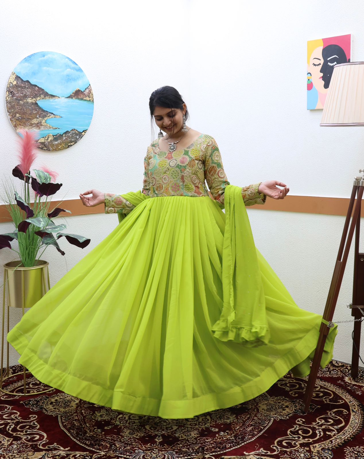 Fancy Parrot Green Color Embroidery Work Gown