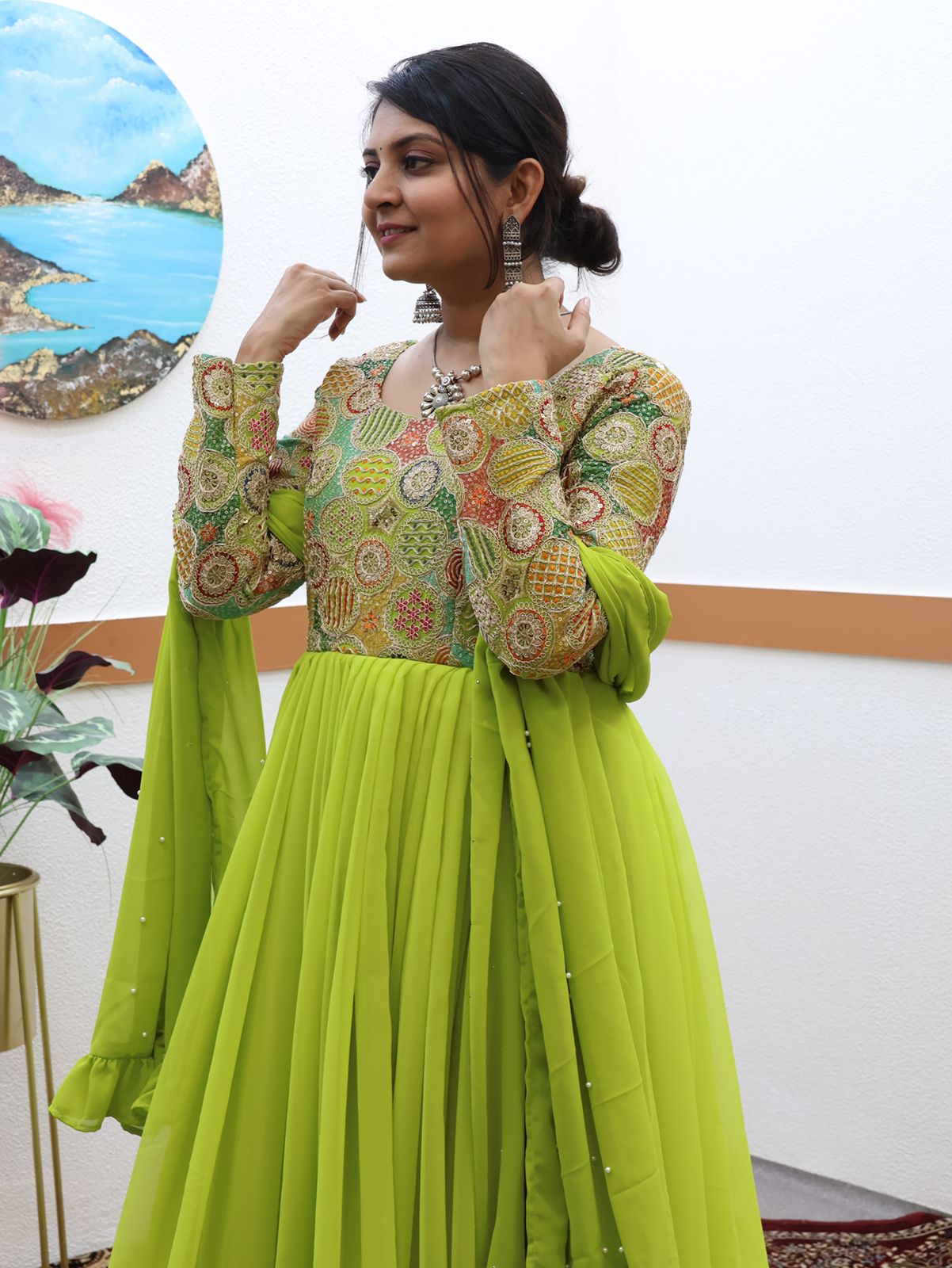 Fancy Parrot Green Color Embroidery Work Gown
