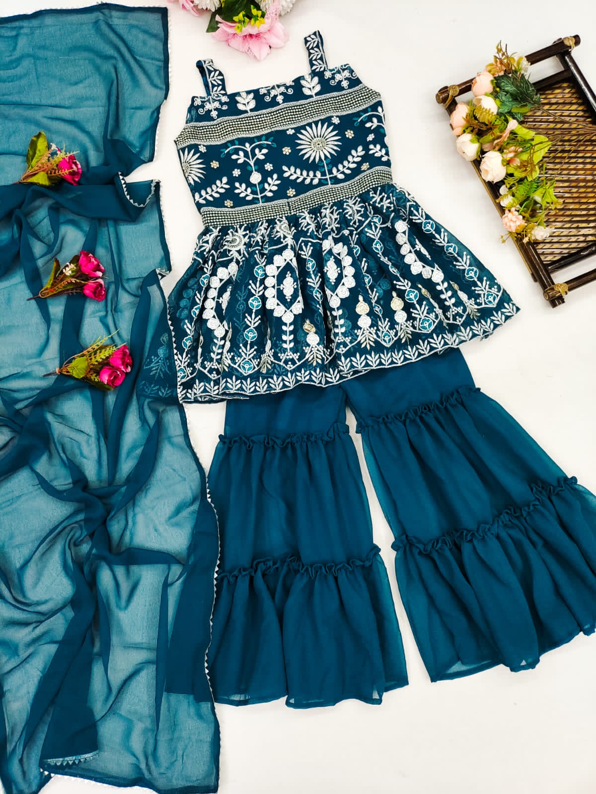 Festive Wear Teal Blue Color Kid's Top With Sharara