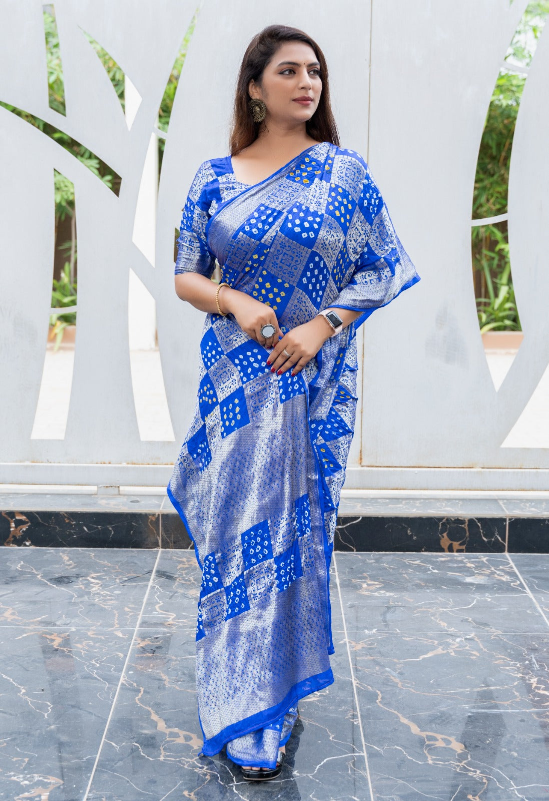 Original Bandhej Silk Royal Blue Color Zari Weaving Saree
