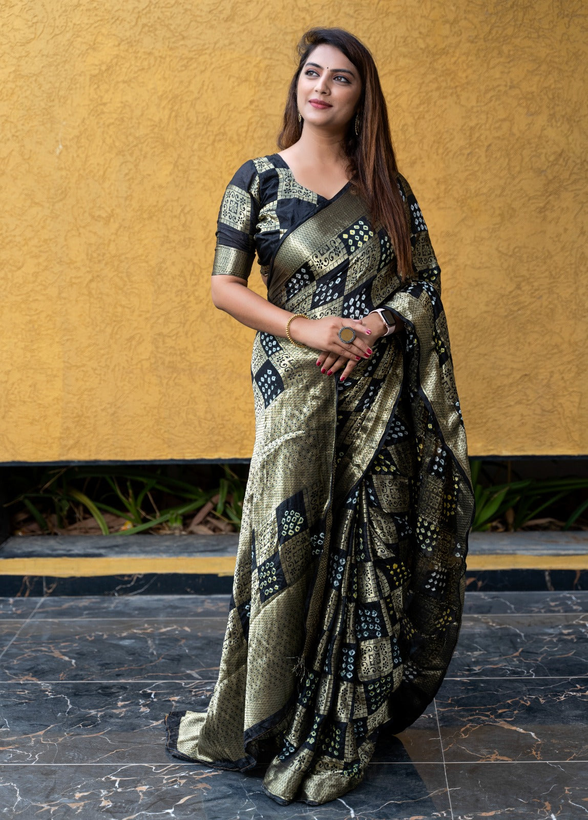 Original Bandhej Silk Black Color Zari Weaving Saree