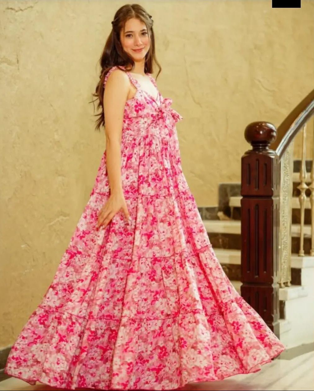 Casual Wear Pink Flower Long Gown