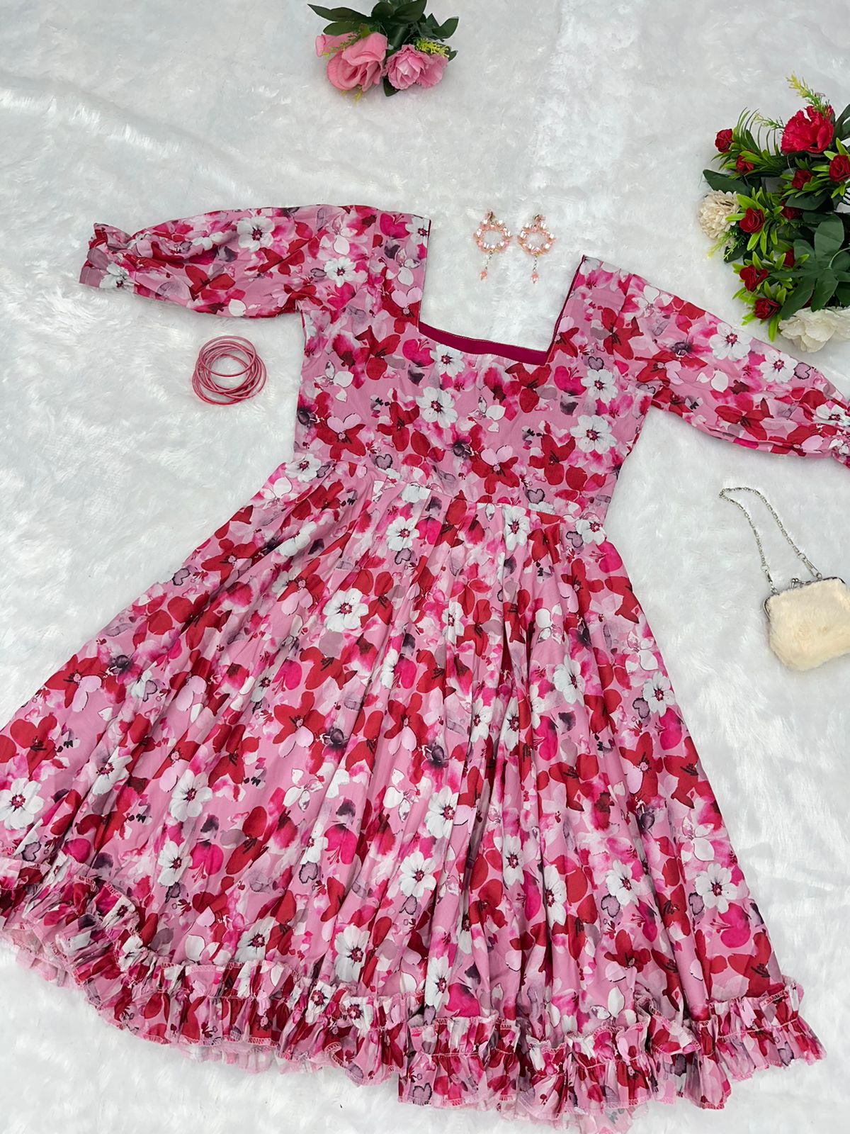 Muslin Cotton Pink Flower Classy Short Dress