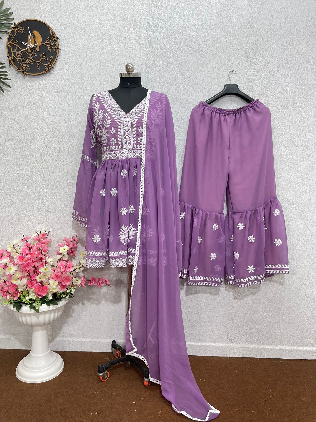 Lavender Color Embroidered Work Blissful Sharara Suit