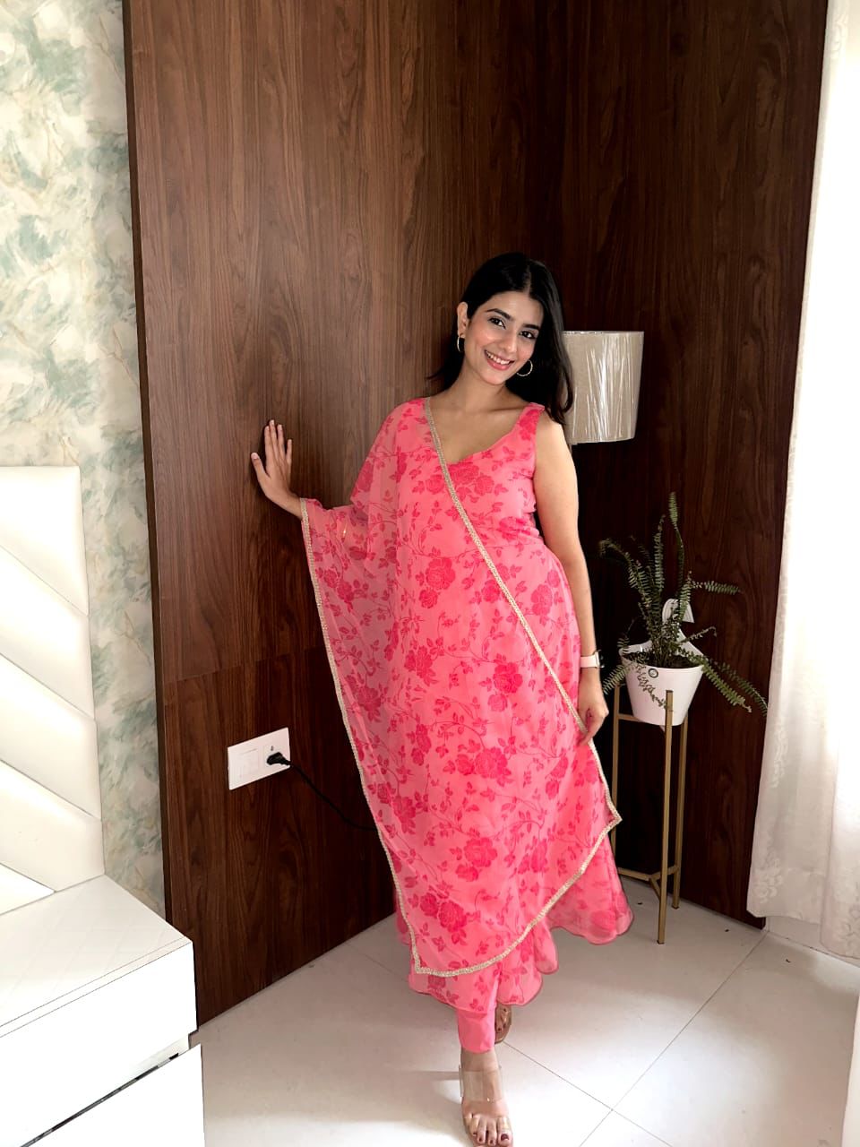 Occasion wear Digital Printed Pink Color Gown