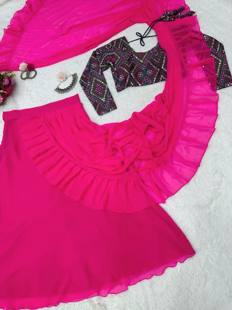 Ruffle Style Pink Color Fancy Lehenga Saree