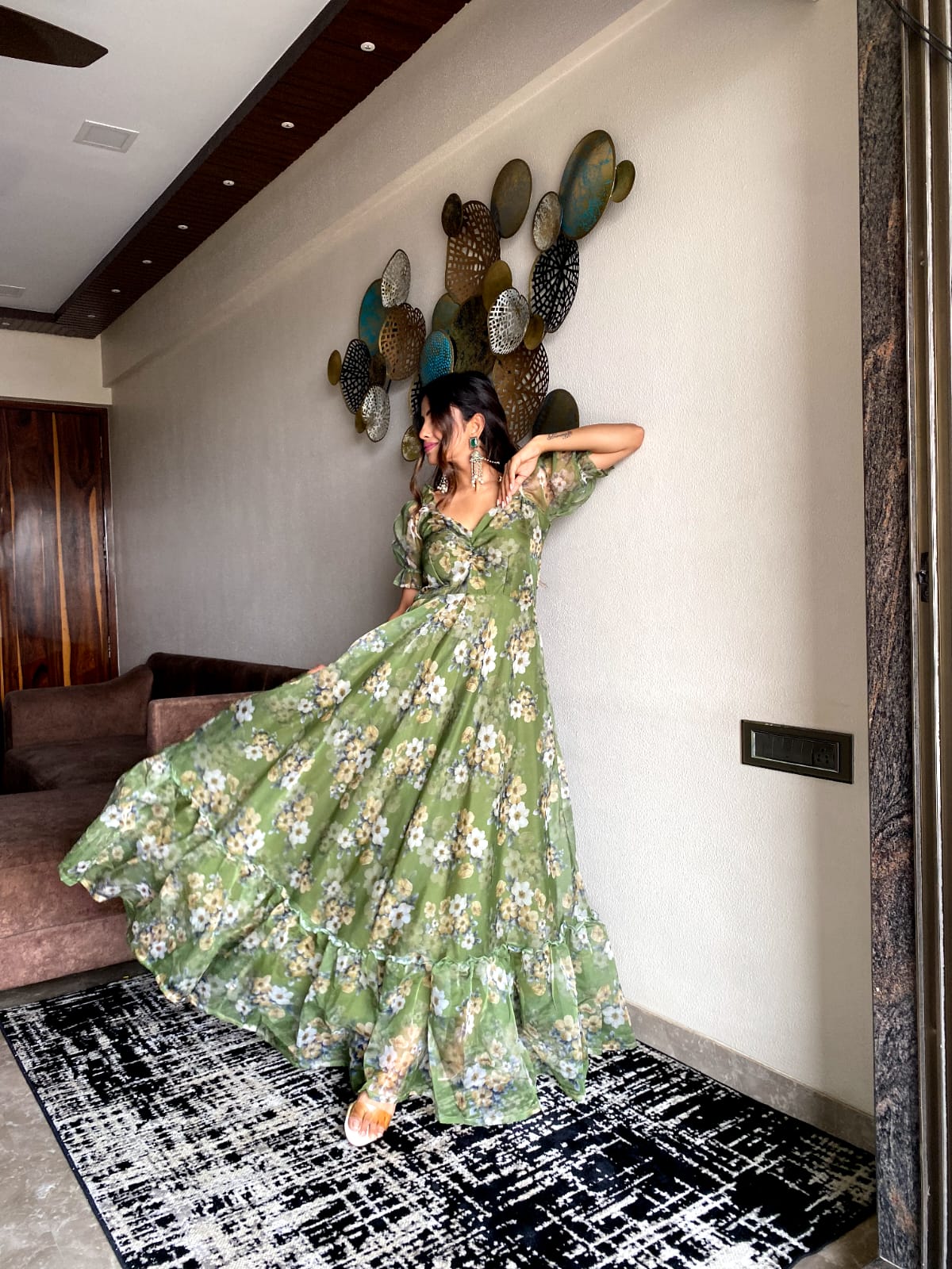 Fancy Sleeves Pista Green Color Printed Gown