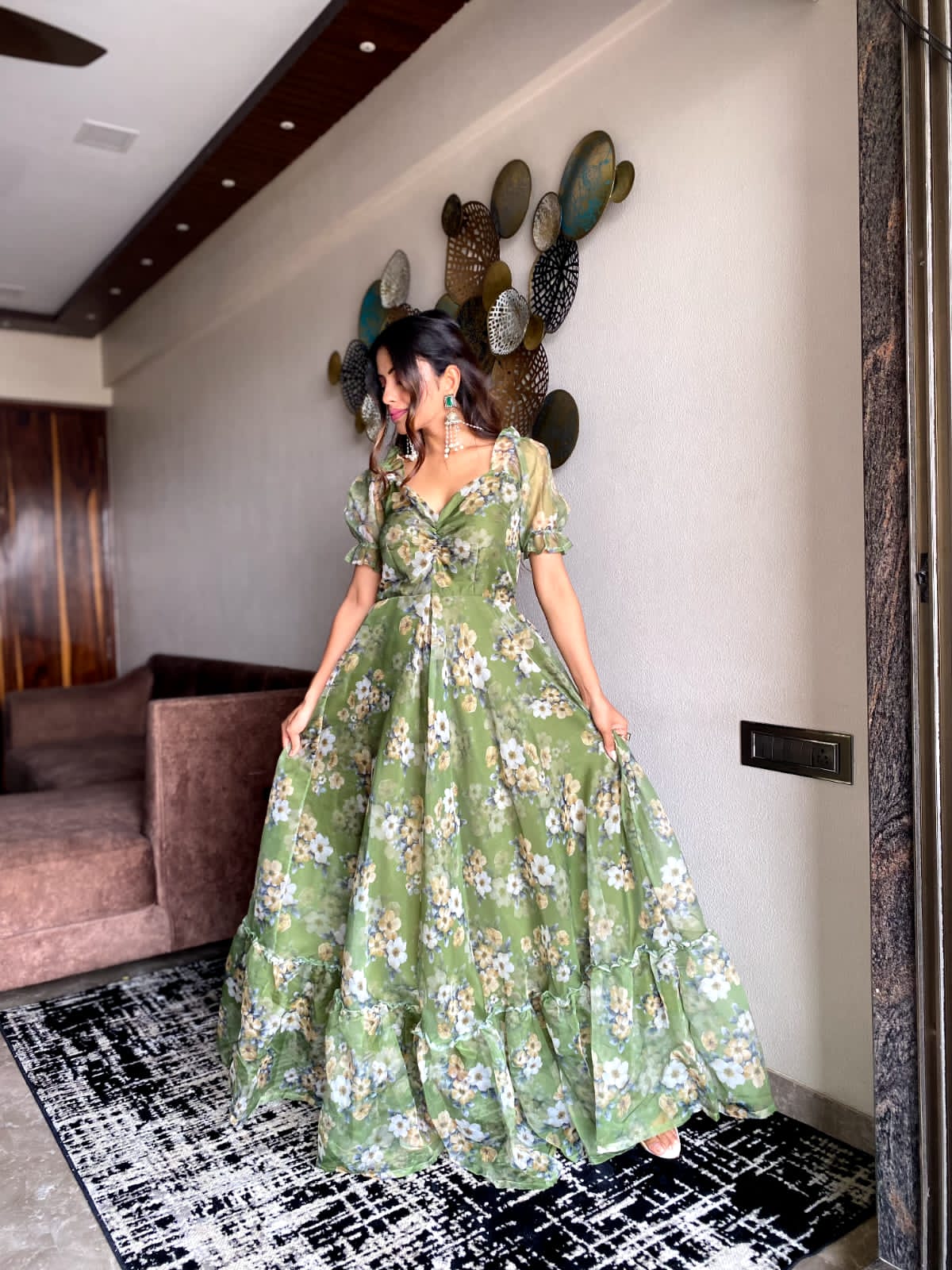 Fancy Sleeves Pista Green Color Printed Gown