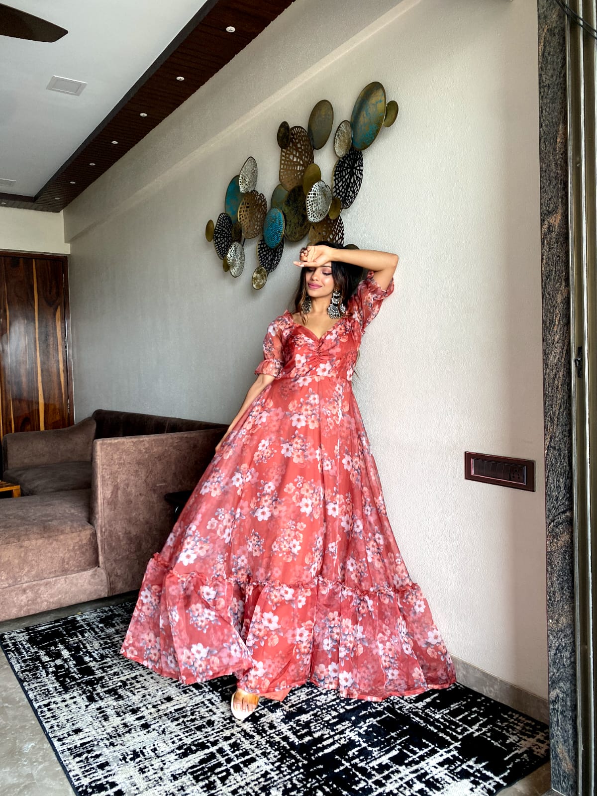 Fancy Sleeves Red Color Printed Gown