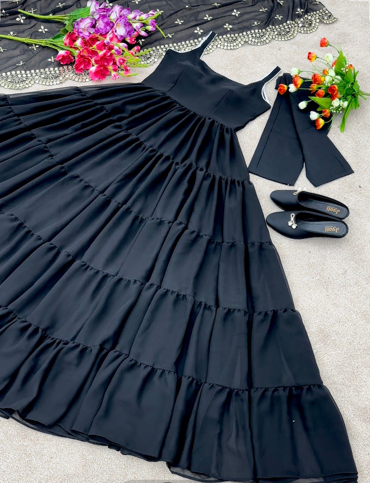 Beautiful Black Color Ruffle Flair Anarkali Gown