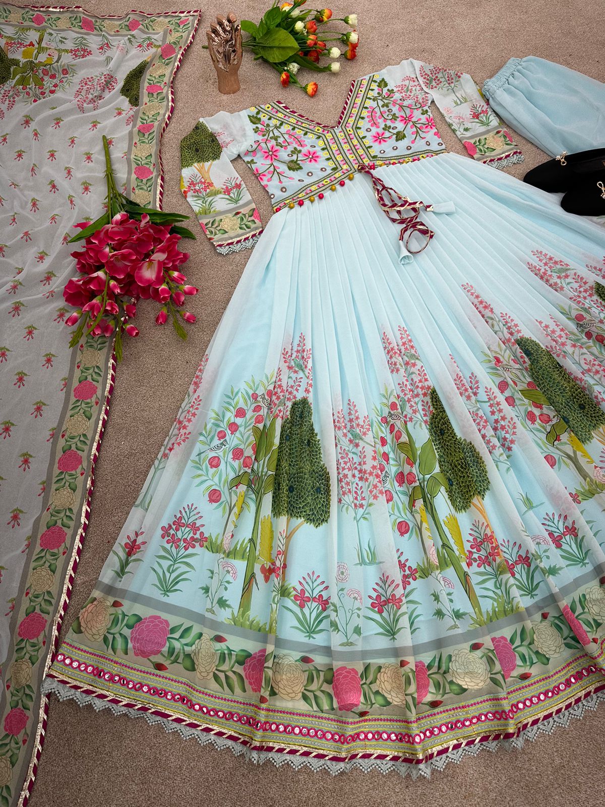 Real Mirror Handwork Sky Blue Color Anarkali Gown