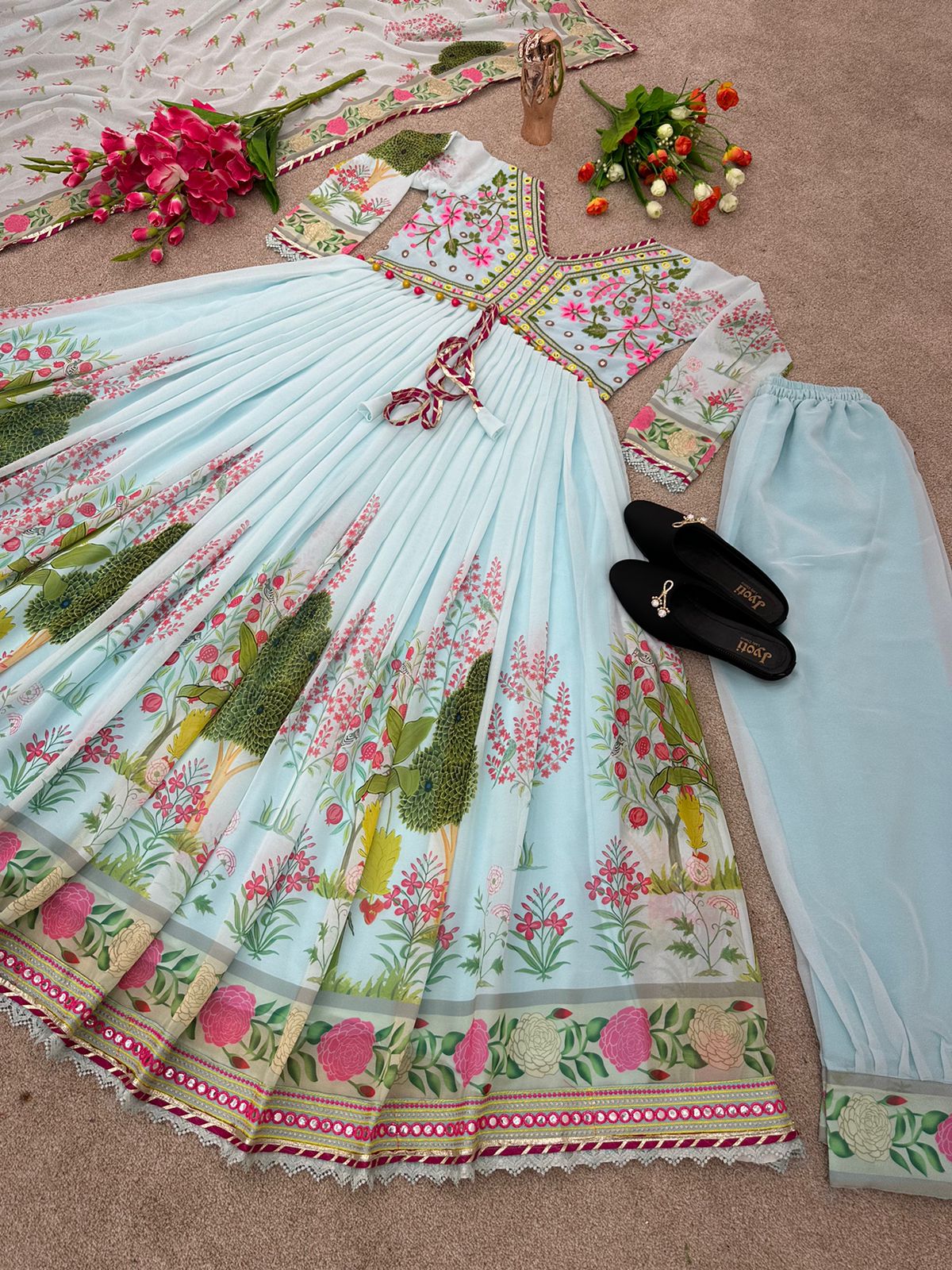 Real Mirror Handwork Sky Blue Color Anarkali Gown