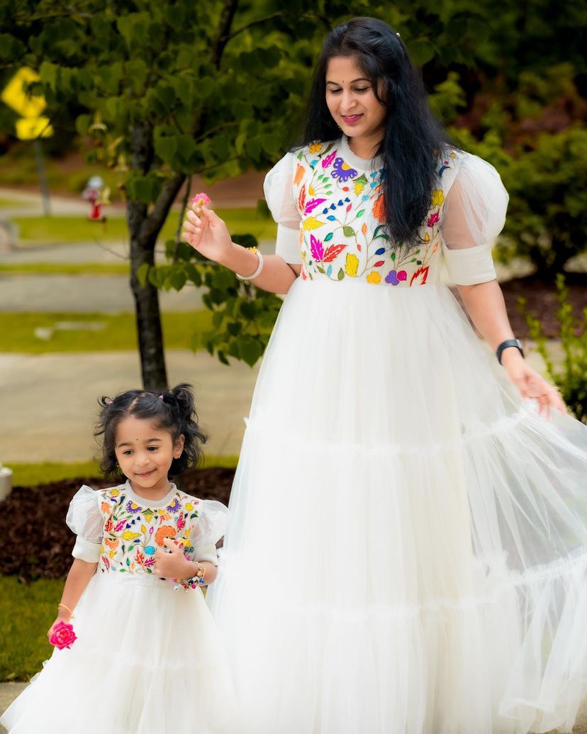 Beautiful Work White Color Mother Daughter Gown