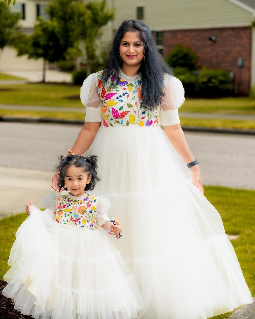 Beautiful Work White Color Mother Daughter Gown