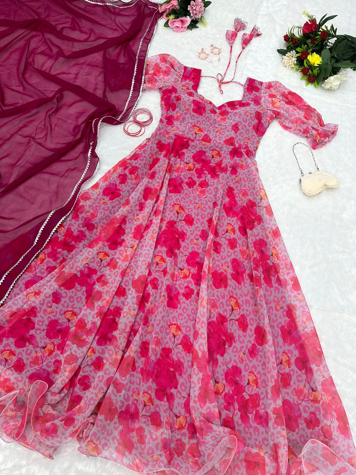 Terrific Digital Printed Pink Color Gown