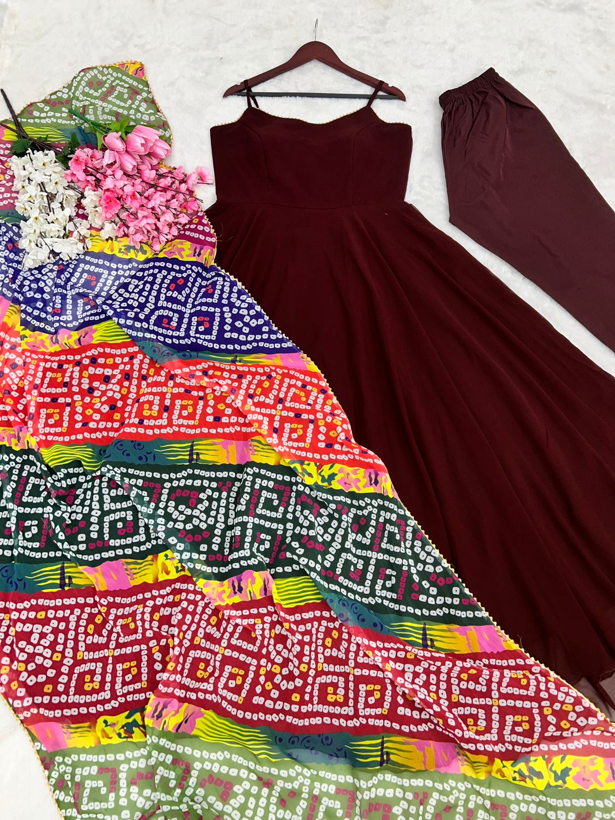 Lovely Maroon Color Long Gown With Printed Dupatta