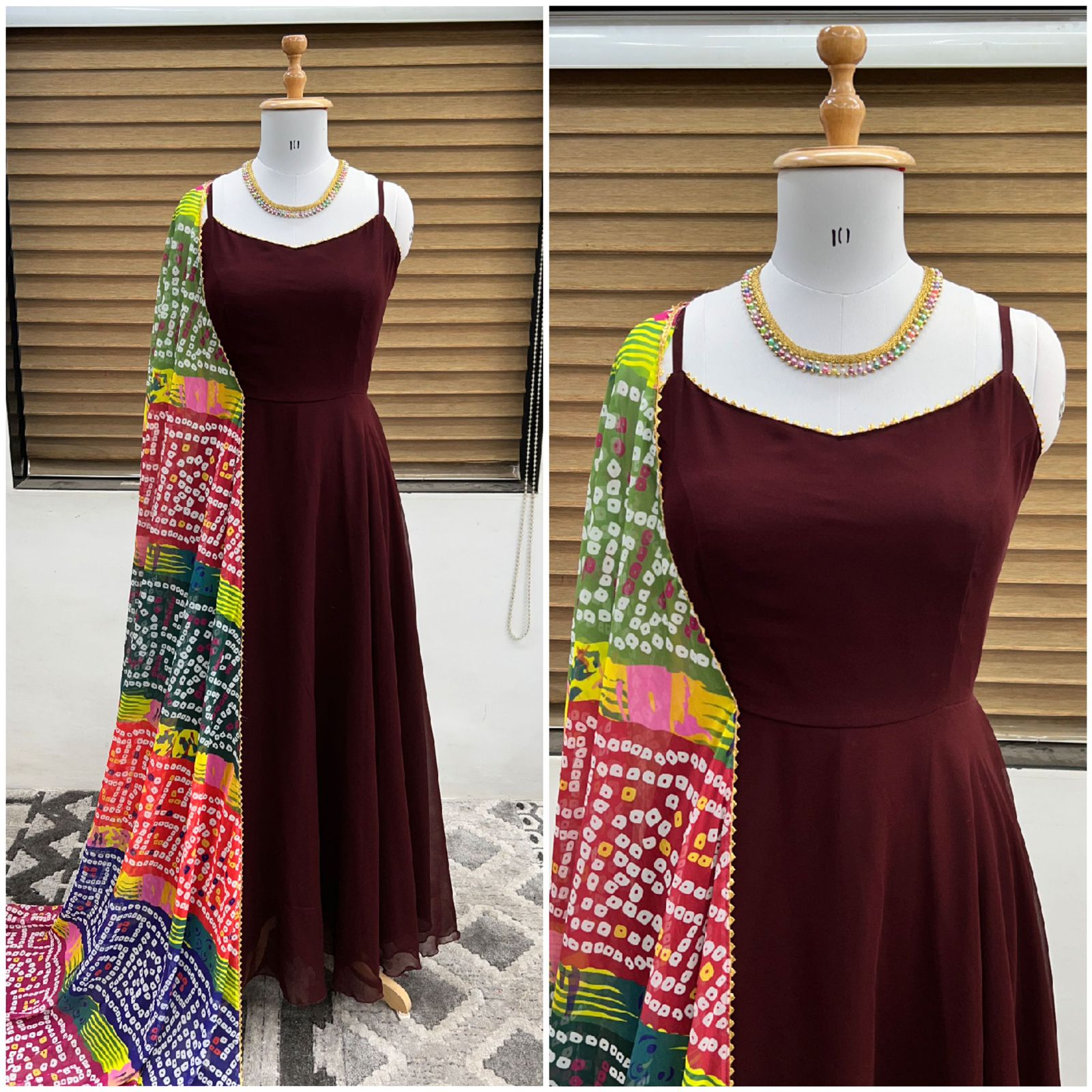 Lovely Maroon Color Long Gown With Printed Dupatta