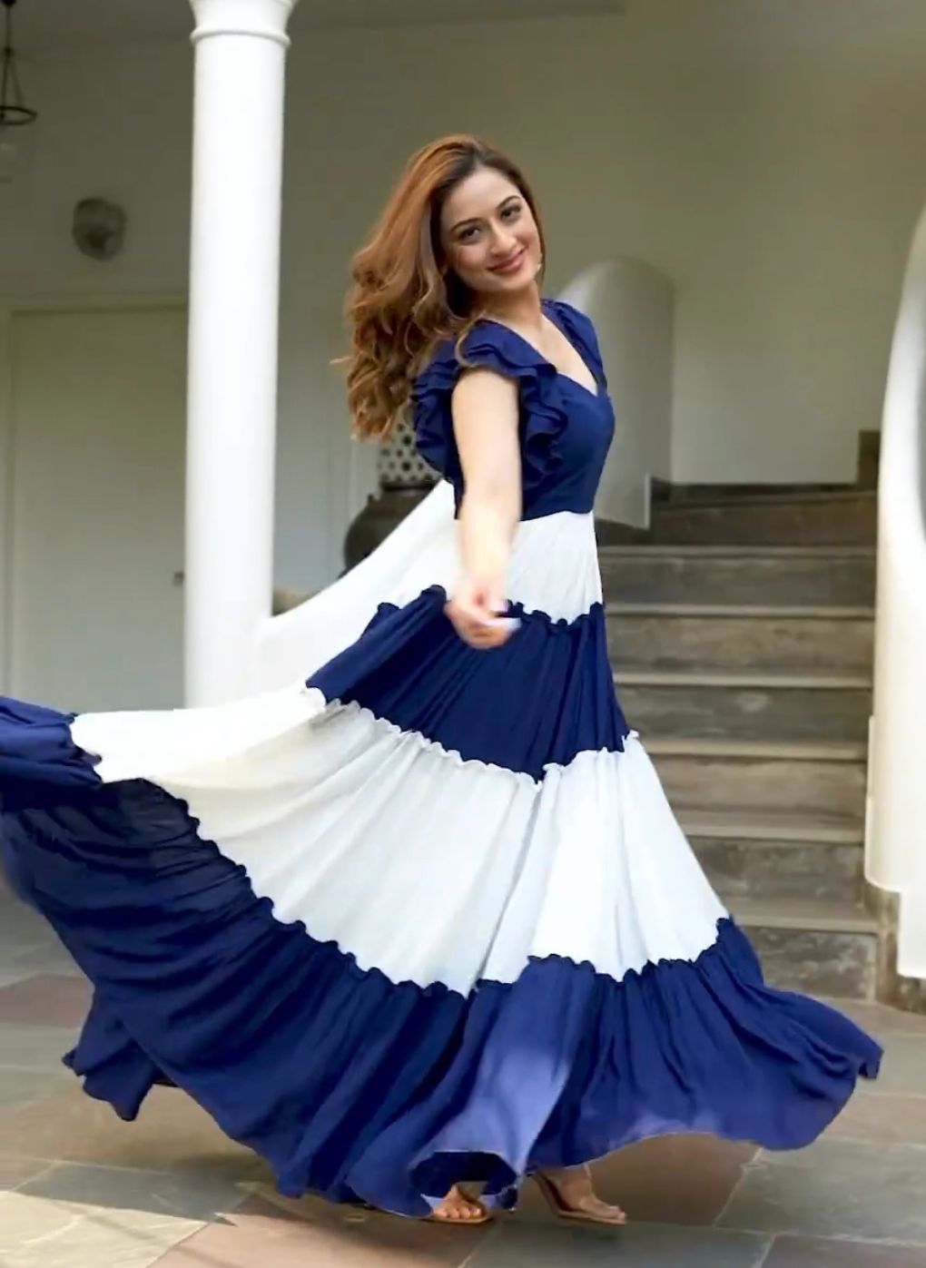 Ruffle Style Blue And White Color Stylish Gown