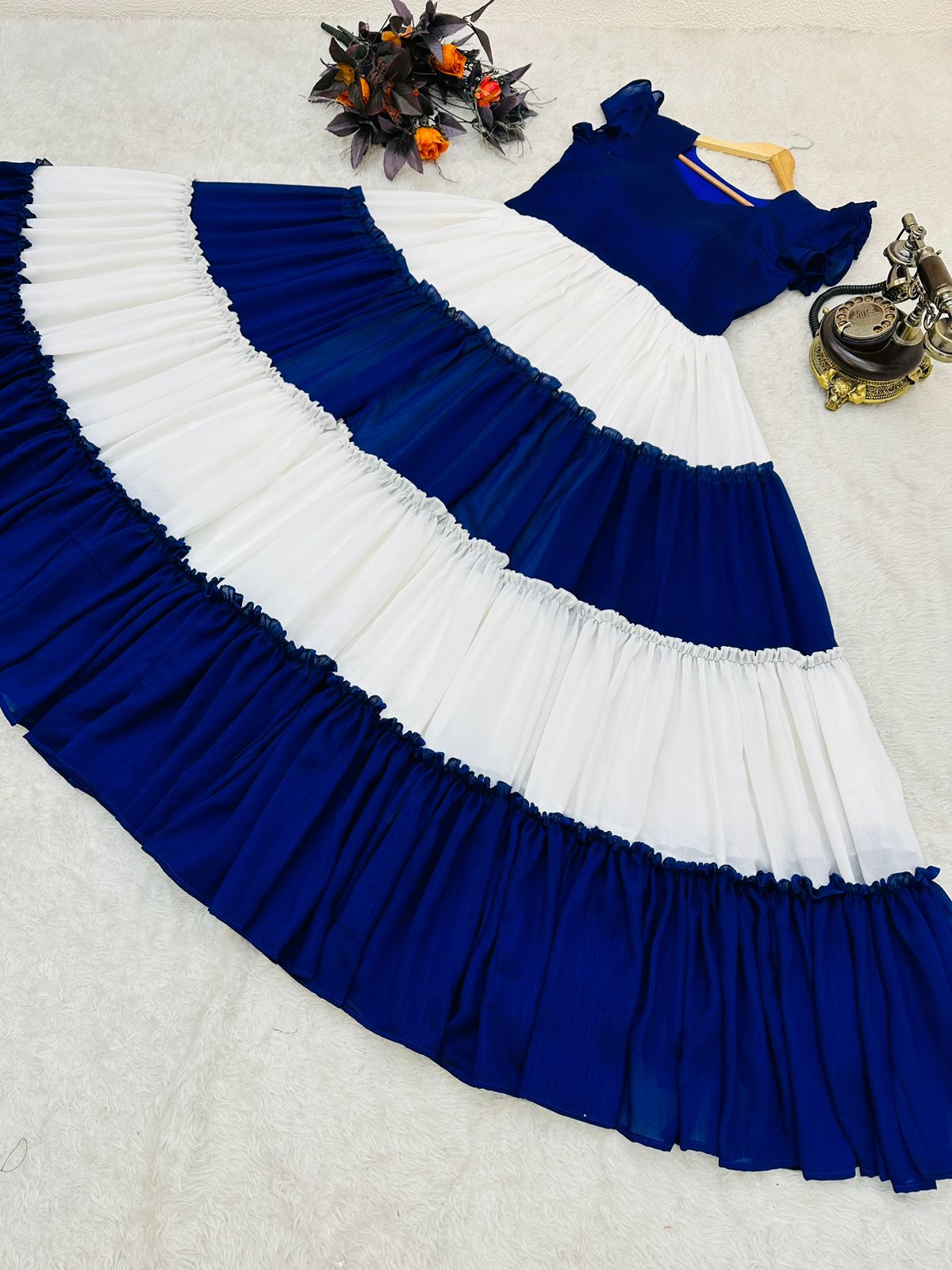 Ruffle Style Blue And White Color Stylish Gown