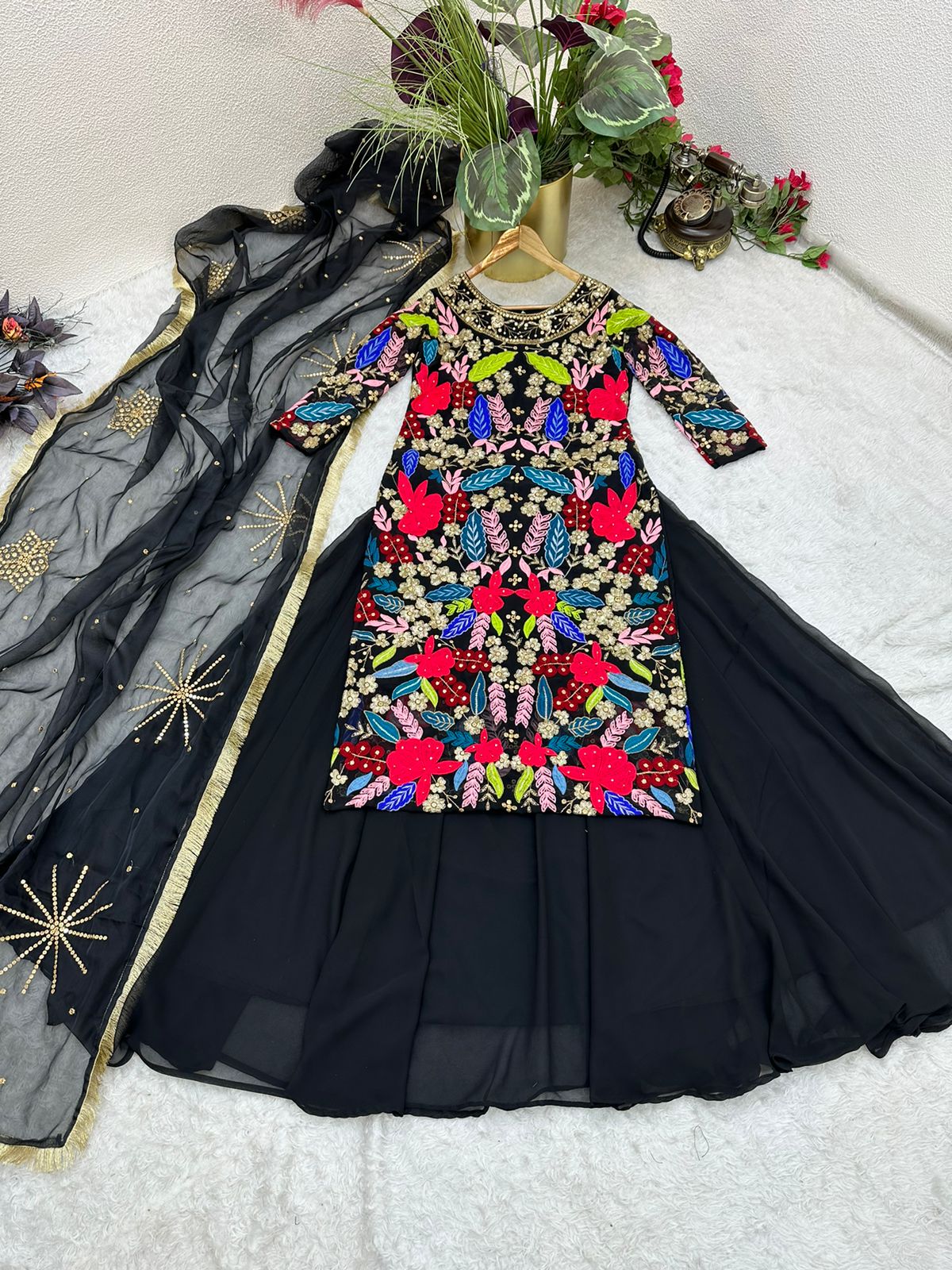 Trendy Black Color Double Sequence Work Top With Lehenga