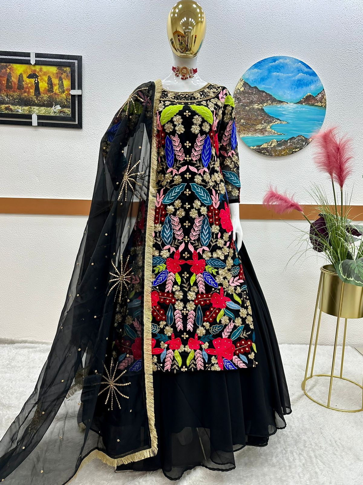 Trendy Black Color Double Sequence Work Top With Lehenga