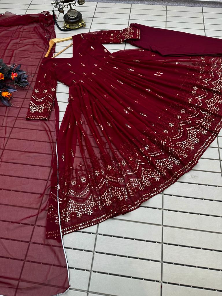 Thread With Sequence Work Maroon Color Gown