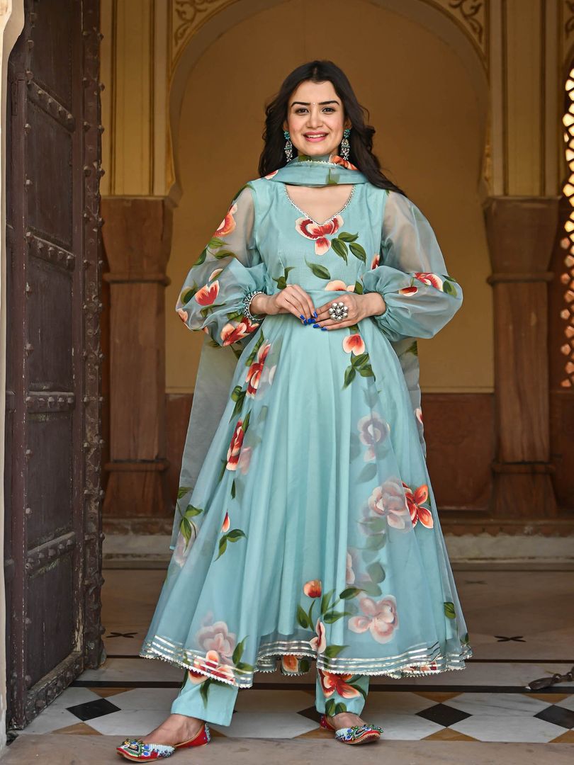 Awesome Sky Blue Color Gota Patti Work Gown