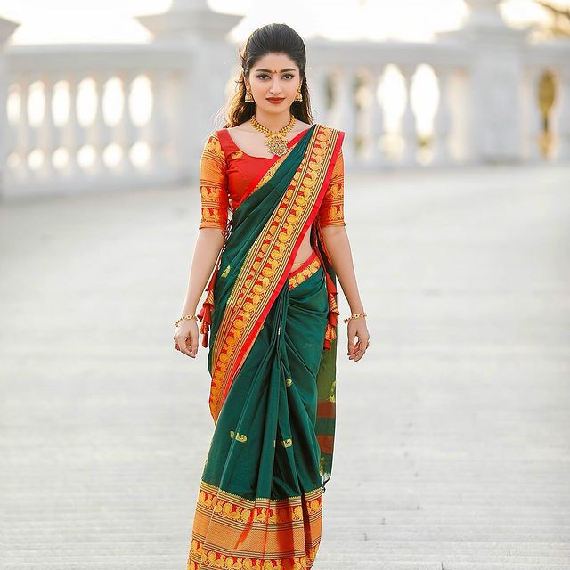 Green Color With Red Border Beautiful Saree