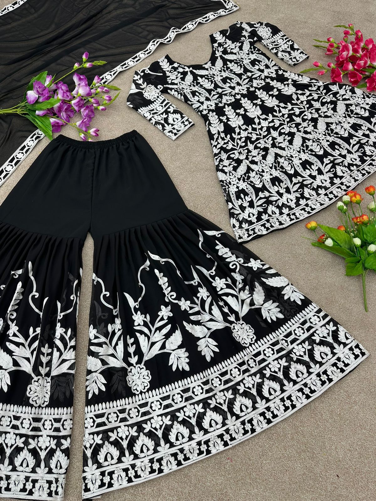 Good Looking Black Color Embroidery Work Sharara Suit