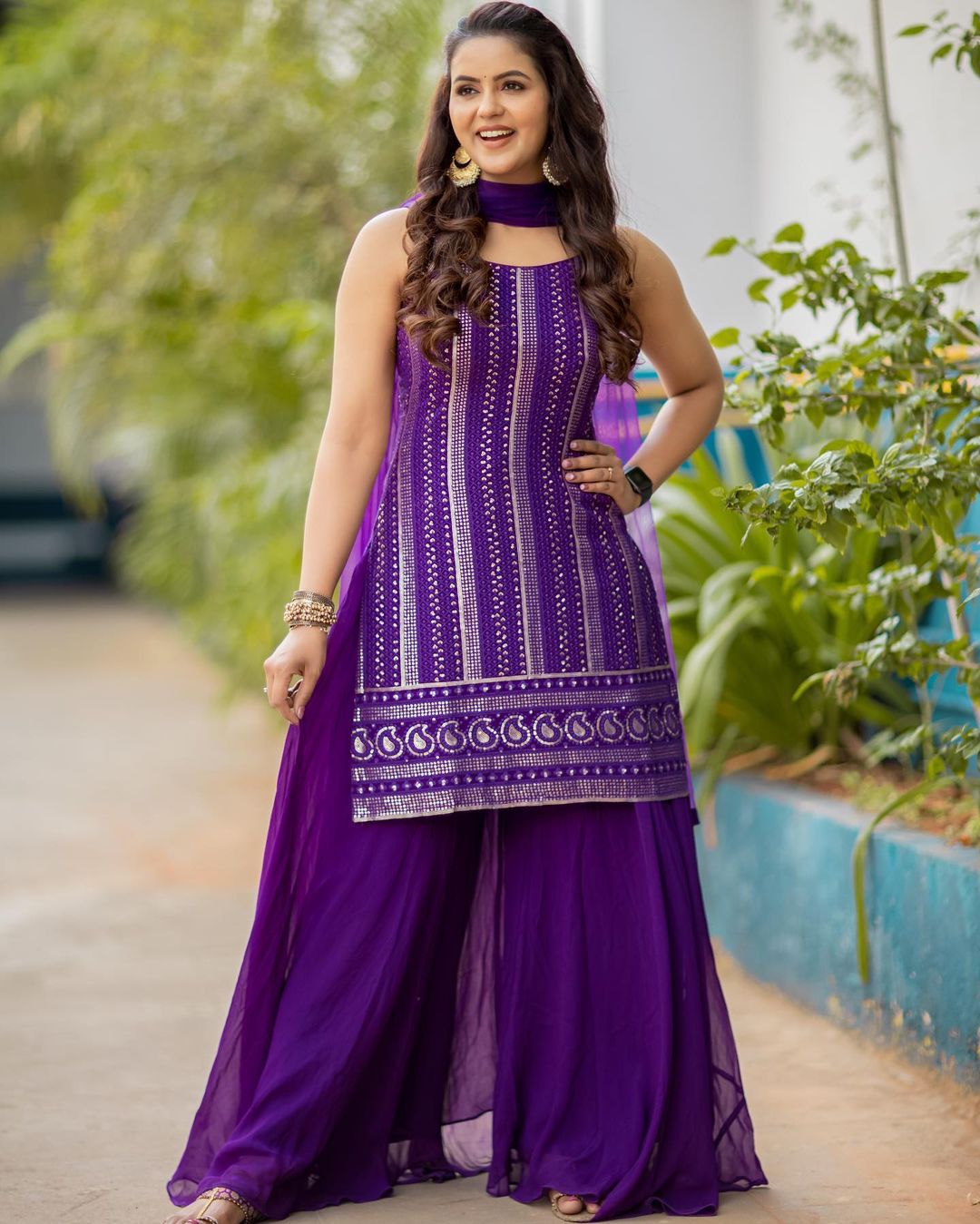 Pretty Sequence Work Purple Color Top With Sharara