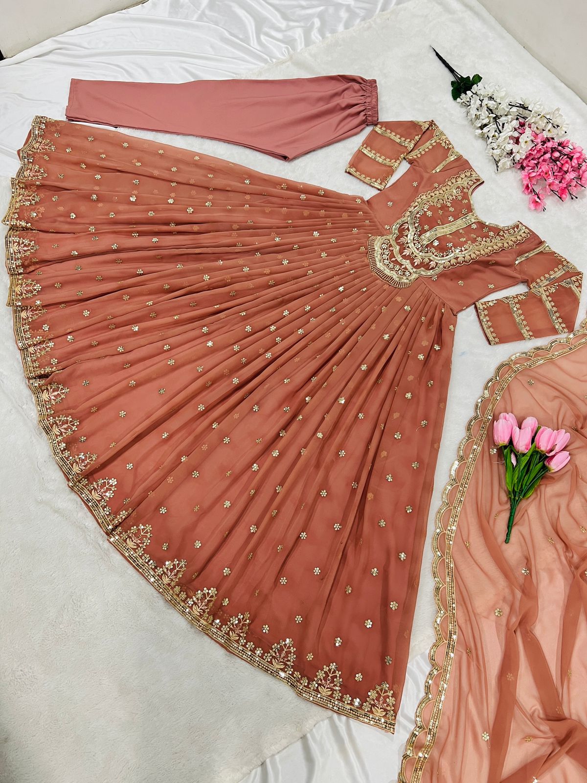 Pretty Dusty Peach Color Fully Embroidery Work Gown