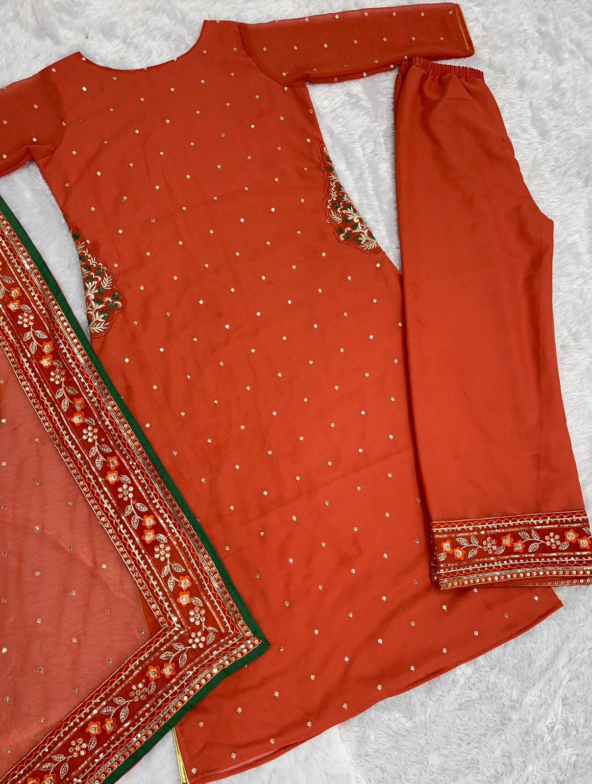 Decent Embroidery Work Dark Orange Salwar Suit