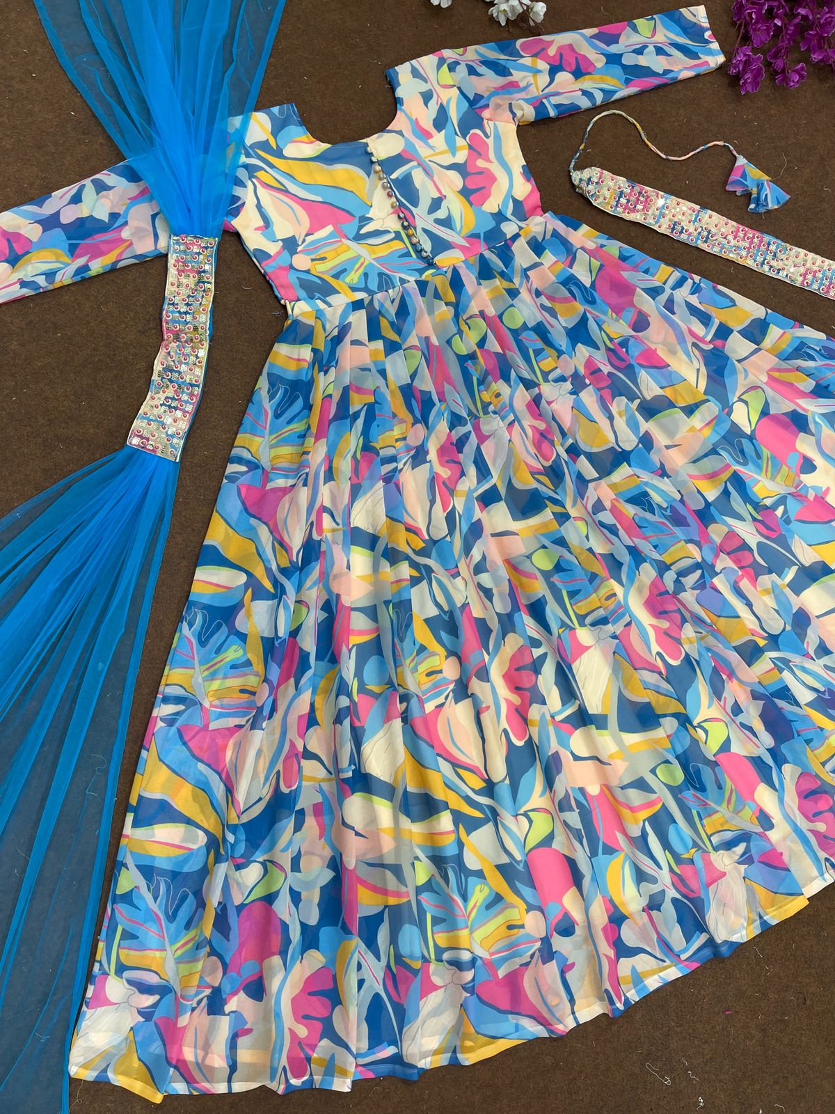 Opulent Digital Print Sky Blue Color Gown With Belt