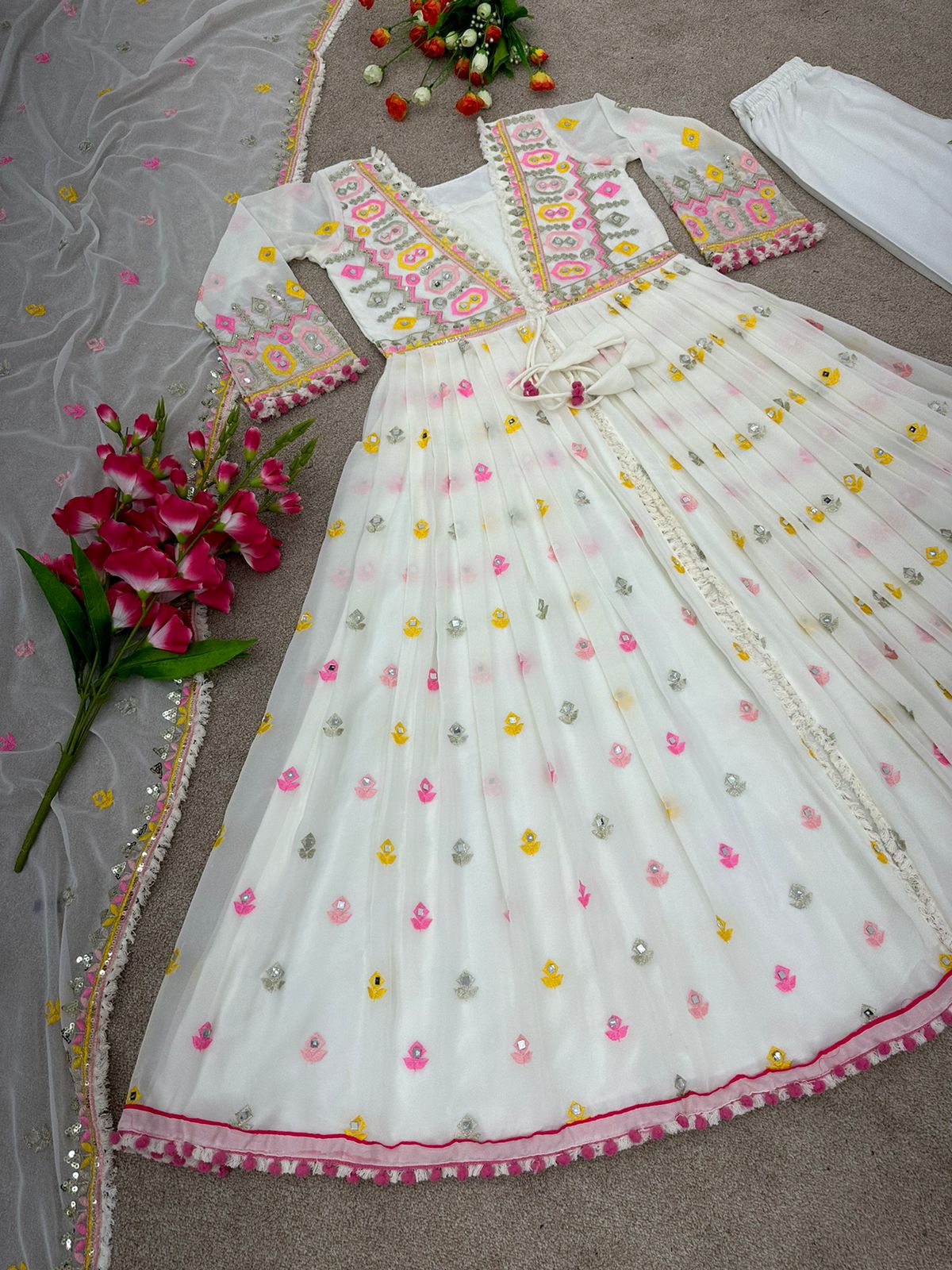 Mirror Handwork White Color Bollywood Style Anarkali Suit