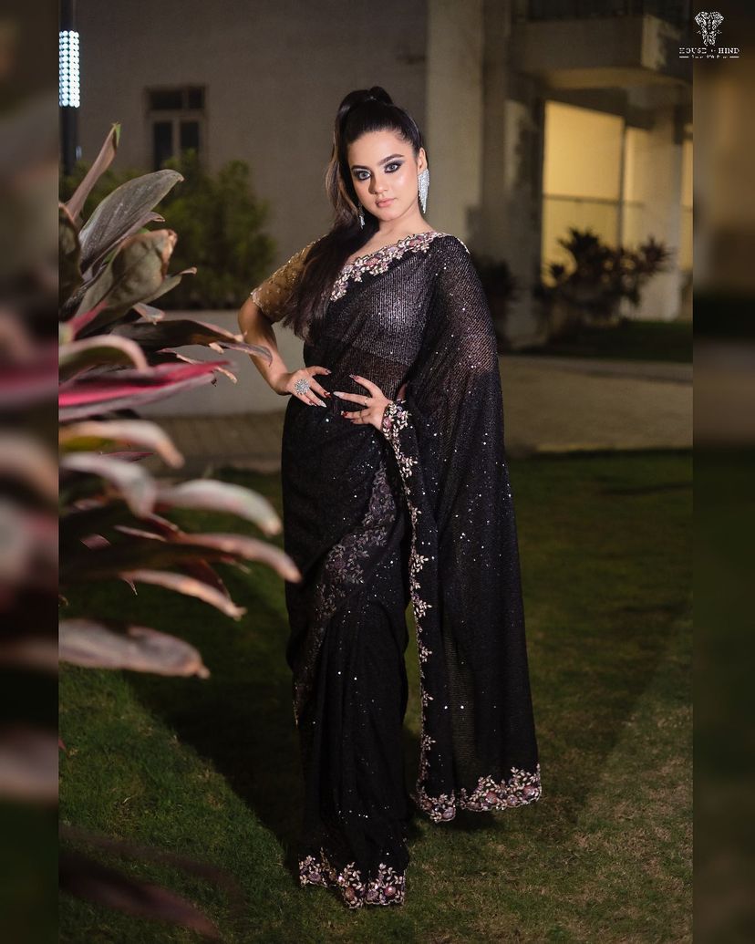 Glimmering Black Color Embroidery Sequence Work Saree