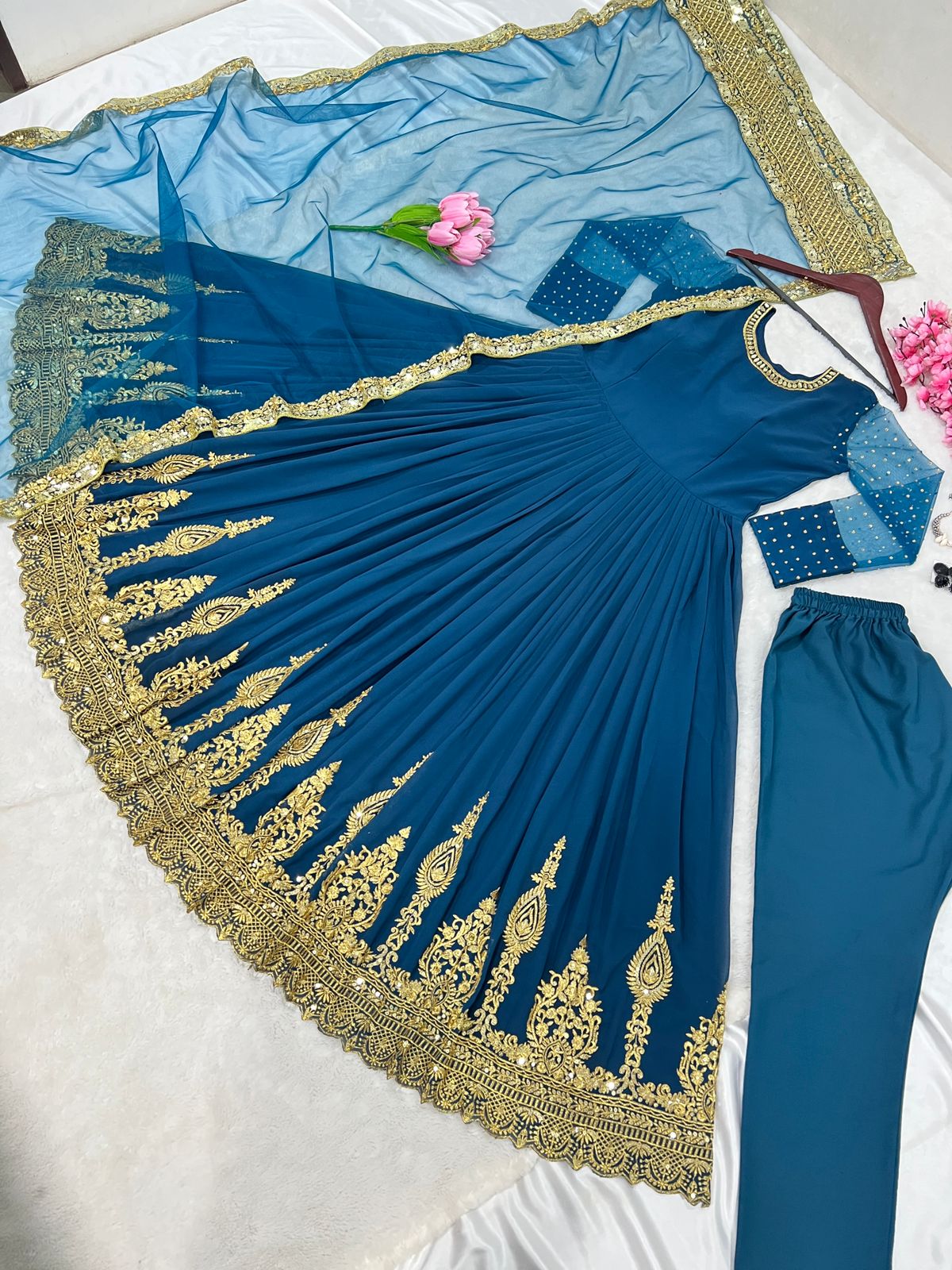 Party Wear Blue Color Embroidery Work Gown