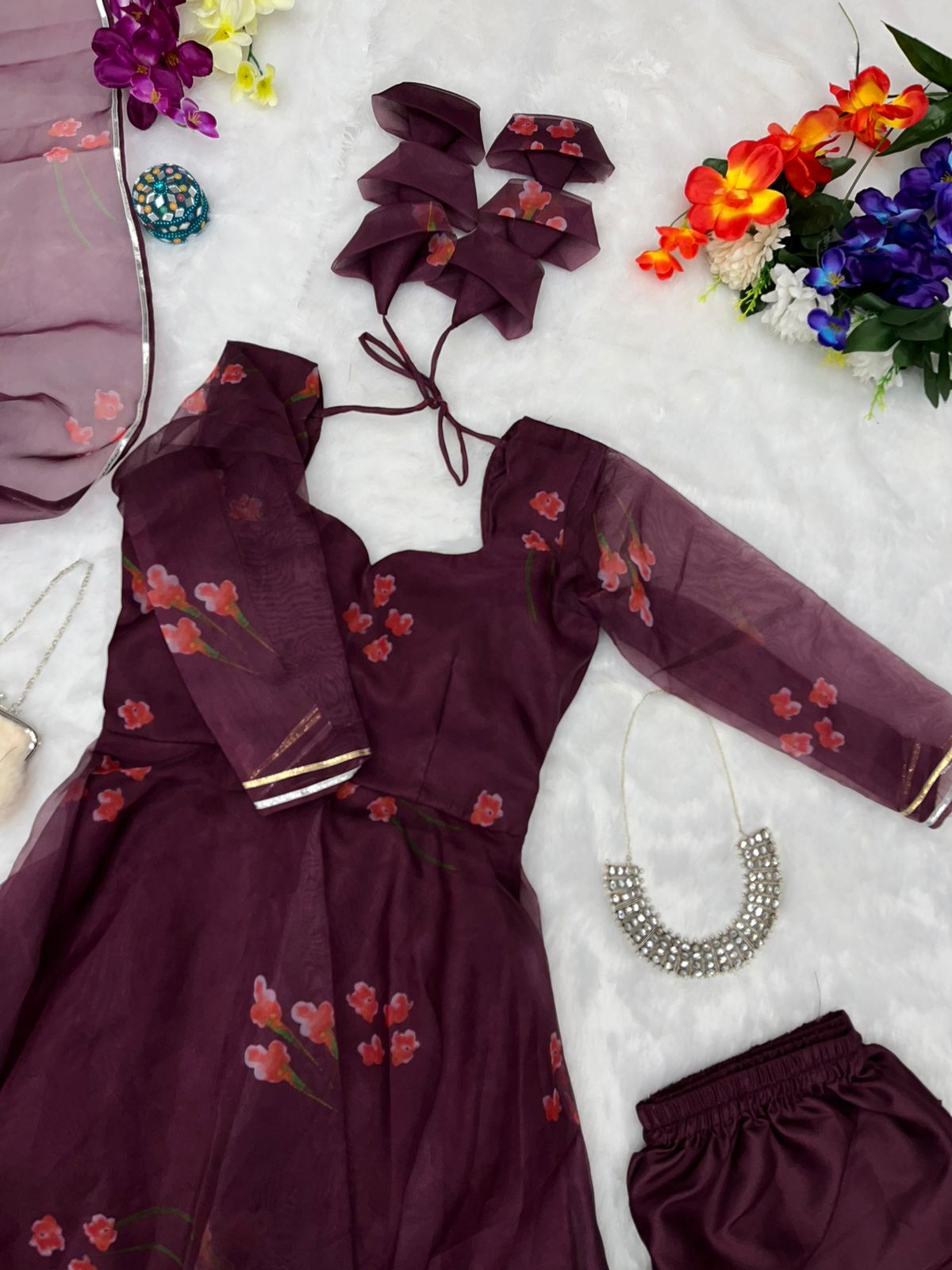 Party Wear Maroon Color Organza Silk Anarkali Suit