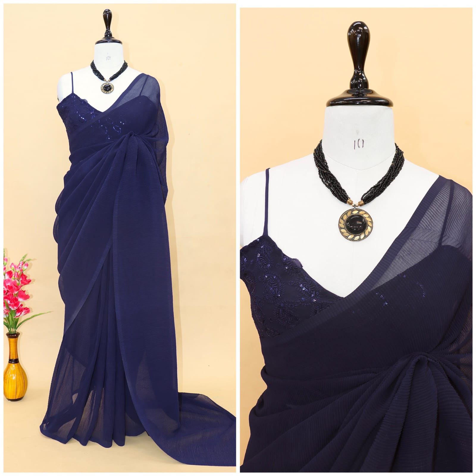 Decent Navy Blue Color Plated Saree With Work Blouse