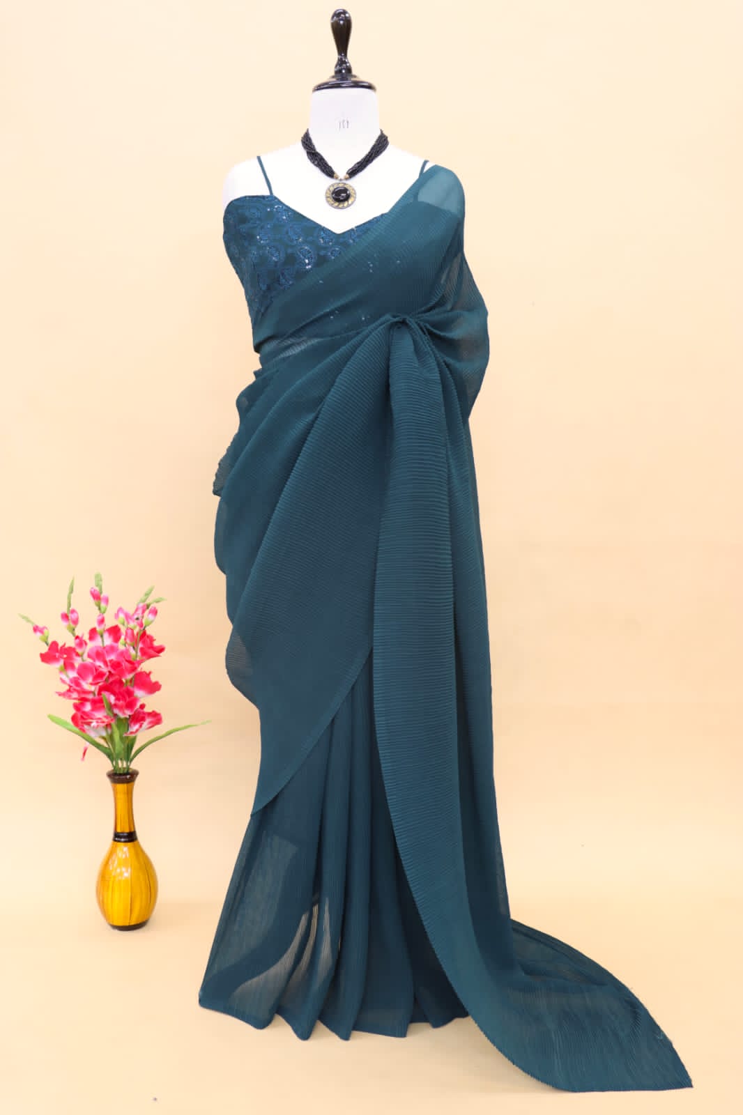 Decent Teal Blue Color Plated Saree With Work Blouse