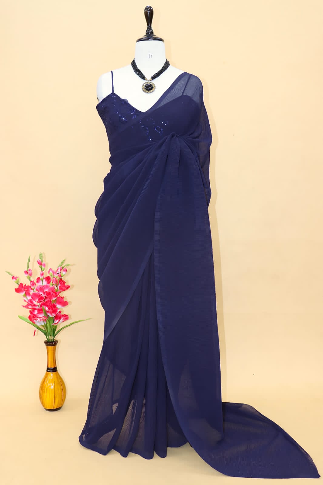 Decent Navy Blue Color Plated Saree With Work Blouse