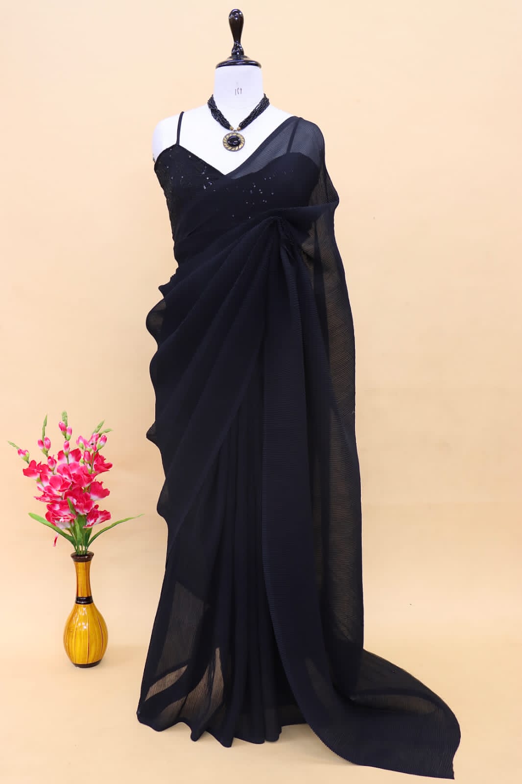Decent Black Color Plated Saree With Work Blouse