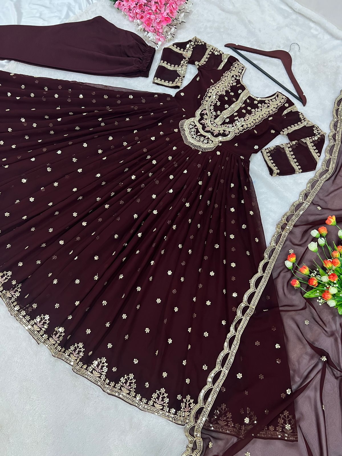 Pretty Brown Color Fully Embroidery Work Gown